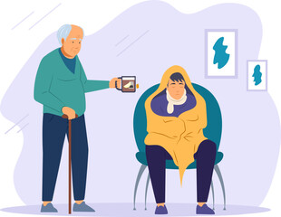 Grandpa giving cup of tea to his sick grandson