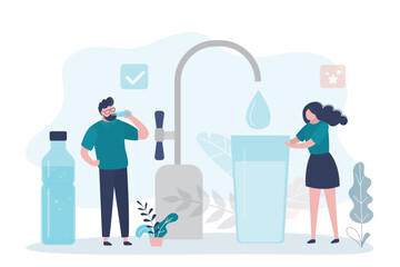 Happy family, people drinking clean tap water, filter purifying liquid from pipe. Drinking water in glass. Healthy lifestyle. Pure bottled aqua. Drinkable stream.