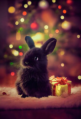 Pretty fluffy little black rabbit sitting near the golden present on the Christmas tree background, AI generated image