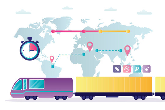Railway cargo on world map, industrial train with containers freight, import and export railroad logistic service. Commercial transportation concept, freight train. Fast shipping worldwide.