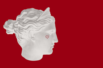 Antique sculpture of human face in artificial intelligence pop art style. Modern creative concept image with ancient statue head. Contemporary neural network art poster. Funky punk collage design.