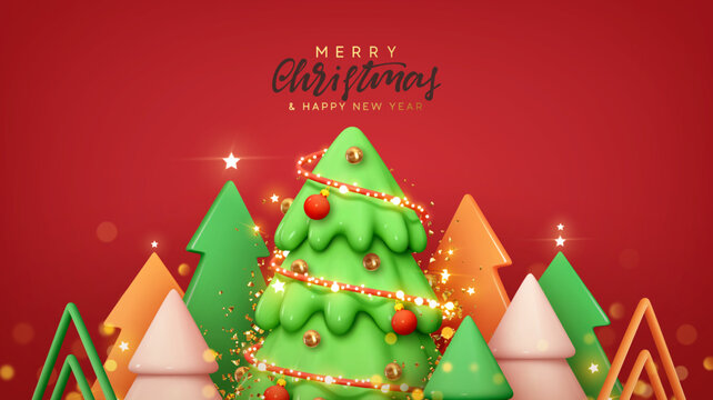 Merry Christmas and Happy New Year background with colorful bright abstract geometric cone shaped Christmas trees. Festive greeting card, Xmas holiday bannner, web border poster. Vector illustration