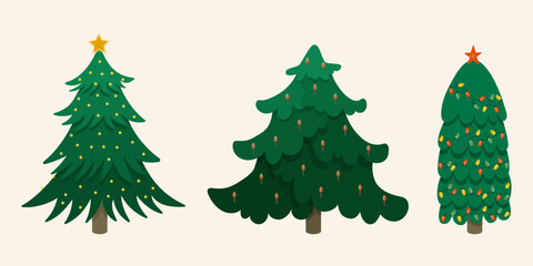 Christmas trees with garlands and lanterns. Set of vector illustrations in flat style.