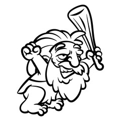 Cartoon illustration of dreadlock Caveman with bearded face, wearing animal skin outfit, hit the club for guarding cave from predator, best for outline and coloring book with stone age themes