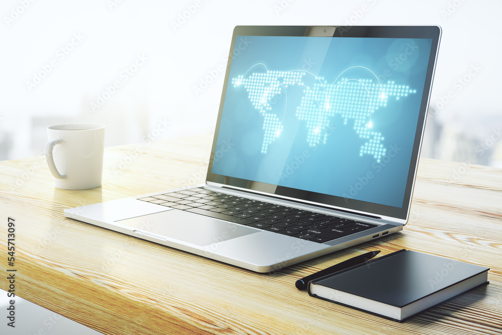 Poster Abstract creative world map with connections on modern laptop screen, international trading concept. 3D Rendering