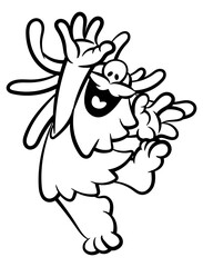 Cartoon illustration of dreadlock Caveman with bearded face, wearing animal skin outfit, jumping because happy. Best for sticker, outline, and coloring book with stone age themes