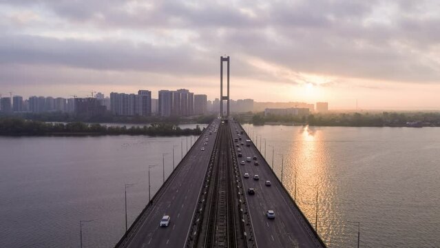 Flying over the bridge over the river