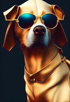 Vertical of an AI generated illustration of a golden dog portrait in sunglasses with shiny hair