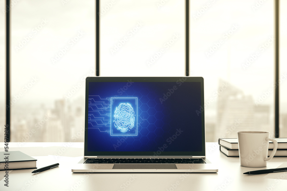 Fototapete Computer monitor with abstract creative fingerprint illustration, personal biometric data concept. 3D Rendering