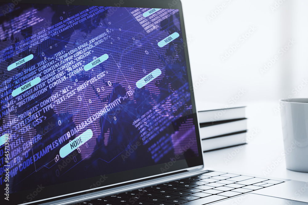 Poster abstract creative coding concept with world map on modern laptop screen. 3d rendering