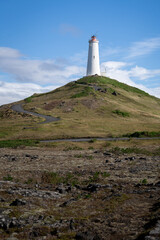 Fototapeta na wymiar Reykjanes lighthouse on top of hill at Reykjanes peninsula, Iceland, Europe