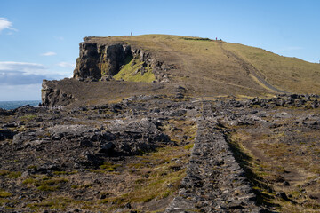 Scenic view of impressive Valahnúkur rock formations at Reykjanes peninsula, southwest of Iceland