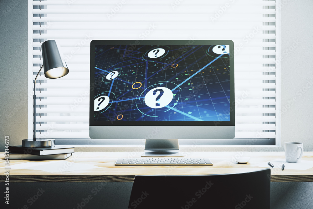 Aufkleber Creative concept of question mark illustration on modern laptop screen. FAQ and search concept. 3D Rendering