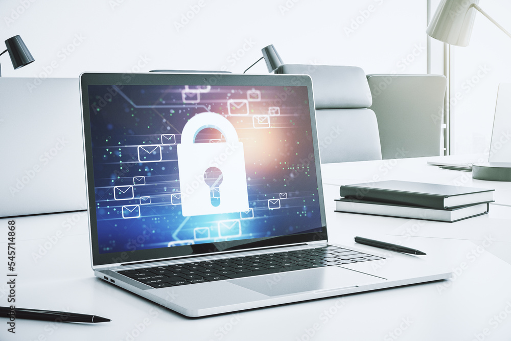 Poster Creative light lock illustration with postal envelopes on modern computer monitor, cyber security and email protection concept. 3D Rendering
