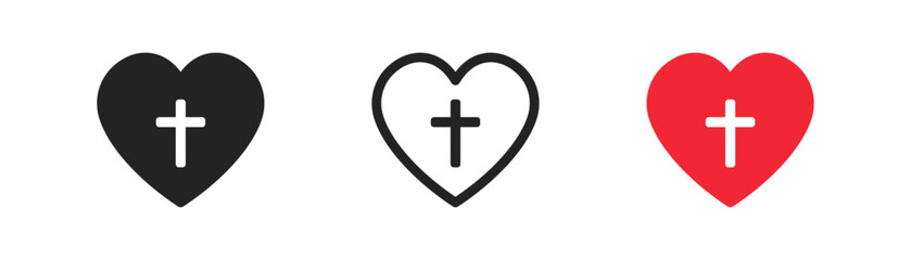 Obraz premium Christian cross in red heart outline icon on white background. Symbol of love. Flat design.