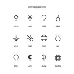 Fototapeta premium ASTEROID GODDESSES zodiac horoscope thin line label linear design esoteric stylized elements symbols signs. Vector illustration icons