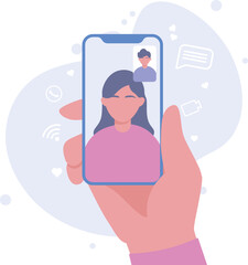 Video call concept. Female hand holding smartphone doing online conversation with male friends. Converse through video, remote meeting and phone call concept. Vector illustration.