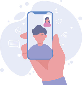 Video call concept. Male hand holding smartphone doing online conversation with female friends. Converse through video, remote meeting and phone call concept. Vector illustration.