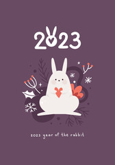 New year greeting card with cute rabbit and lettering 2023 year of the rabbit. Simple christmas poster. Contemporary art