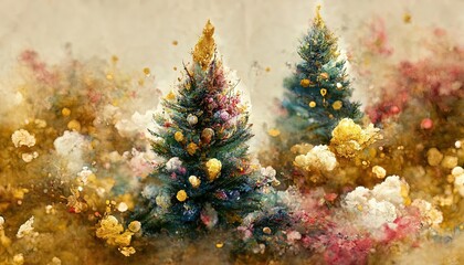 Fototapeta na wymiar Abstract festive colorful background with Christmas trees and New Year decorations. Golden Background for a festive New Year's winter card.
