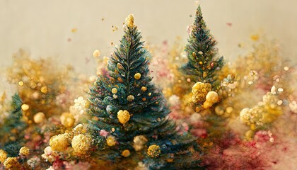 Abstract festive colorful background with Christmas trees and New Year decorations. Golden Background for a festive New Year's winter card.