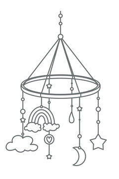 Hanging Mobile Baby Toy. Vector Illustration For Kid Bed. Drawing For Newborn Shower. Object With Clouds, Stars And Moon For Happy Childhood. Cute Sketch In Outline Style On Isolated Background.