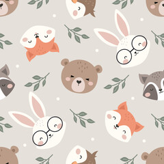 Cute Woodland Animals seamless pattern. Childish Cartoon Animals Background. Cute Cartoon fox, racoon, bear, rabbit, and owl. design for background, wallpaper, fabric, textile and more.