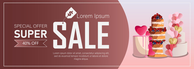 Template design. Vector illustration of horizontal flyer with Birthday cake, copy space isolated on pink. Bakery, Birthday party, Flyer, card, poster, sale banner, web, promotion concept.