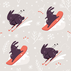 Seamless pattern with cute rabbits skiing and snowboarding. Winter active sport. Abstract background in scandinavian style. Flat illustration with bunnies