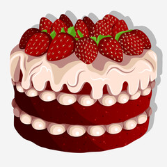 Vector illustration of a Red velvet cake with custard cream and berries isolated on white. Party, Birthday, bakery, pastry, food, Wedding concept.