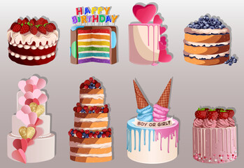 Set of different cakes. Vector illustration of various cakes isolated on gray. Happy Birthday, Valentine's day, Wedding, Gender party, clip-art concept.
