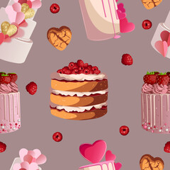 Vector seamless pattern. Illustration of cakes with berries, strawberry, cookies isolated on pink. Wedding, party, Happy Valentine's day, print, textile concept.