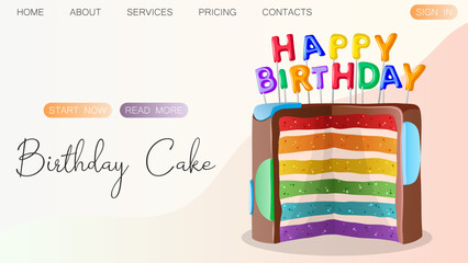 Colorful rainbow Birthday cake isolated. Baking, bakery shop, cooking, sweet products, dessert, pastry, Birthday concept. Vector illustration for poster, banner, website, advertising
