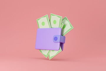 Cartoon Wallet with money bills on pink studio background