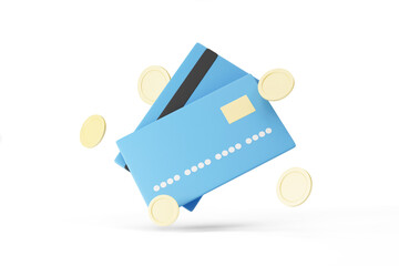 Cartoon Credit Cards with gold coins levitation on white background