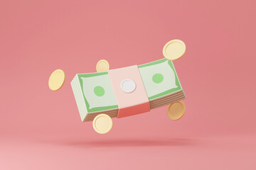 Cartoon Money Bills with Gold Coins Levitation on pink studio background