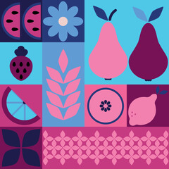 Bauhaus fruits pattern seamless. Abstract geometric food, bright colorful blue and pink. Natural organic agriculture background. Decor textile, wrapping paper, wallpaper. Vector print or fabric