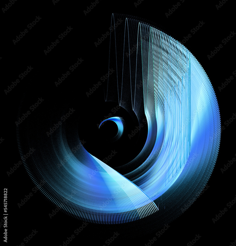 Poster blue wavy and zigzag abstract propeller blades are arranged in layers and rotate on a black backgrou