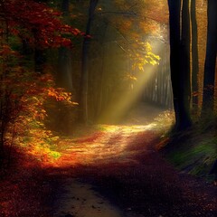 Schöne Herbstlandschaft mit gelben Bäumen und Sonne. Farbiges Laub im Wald. Sonnenbeschienener Pfad. Fallende Blätter, natürlicher Hintergrund