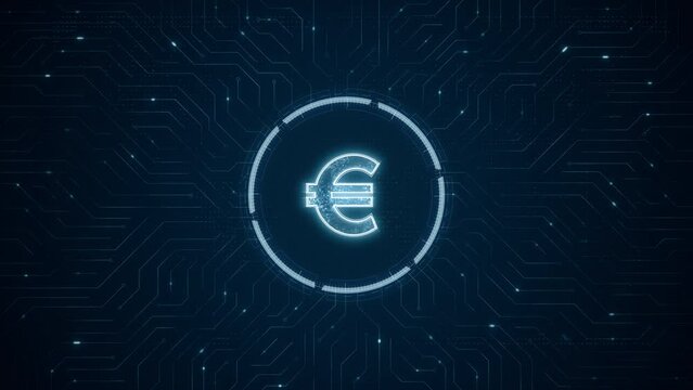 Motion graphic of Blue digital money logo and futuristic technology circle HUD with circuit board and data transfer on abstract background financial concepts	
