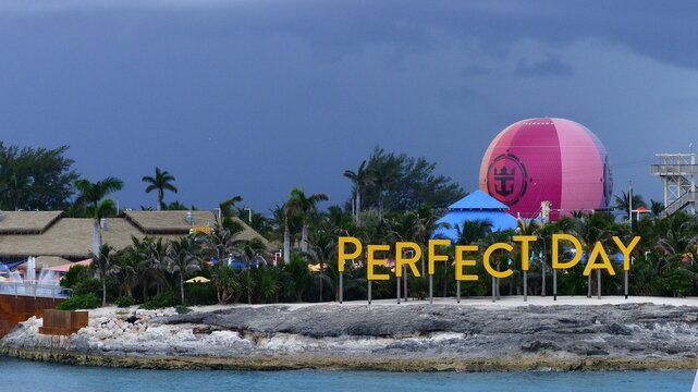 CocoCay island of the Berry islands, Bahamas shot from a ship on a cloudy day