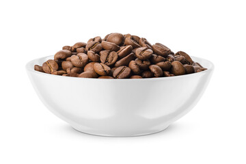 Roasted coffee beans in white bowl isolated on white. Front view.