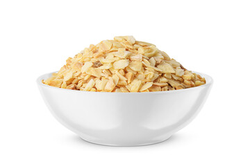 Dried garlic granules in white bowl isolated on white. Front view.