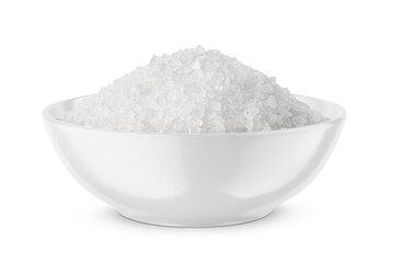 Coarse sea salt in white bowl isolated on white. Front view.