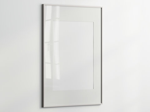 empty picture frame on wall, white frame mockup, 3d render