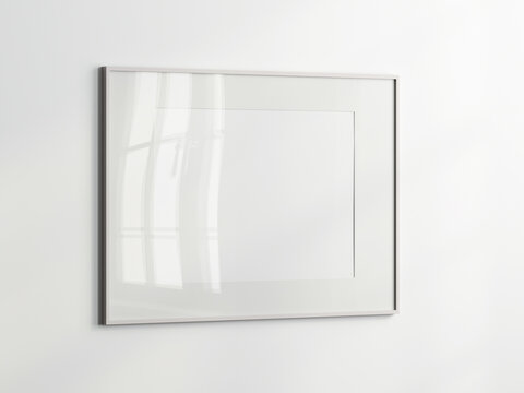 empty picture frame on wall, white frame mockup, 3d render