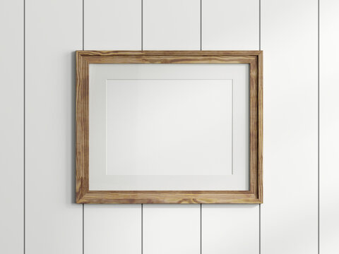 Horizontal frame mockup, wood frame mockup, photo frame on the wall, 3d render
