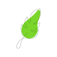 Leaf vector icon with green flowing shape in sketch style. Continuous line, editable contour.