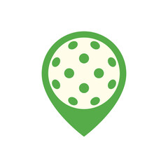 Pickleball ball location logo. Map pointer icon. Isolated vector illustration on white background.