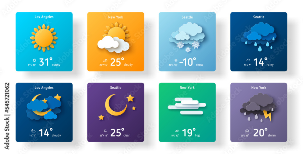 Wall mural weather forecast widget icon set paper cut style. vector illustration. 3d mobile app ui design, dail